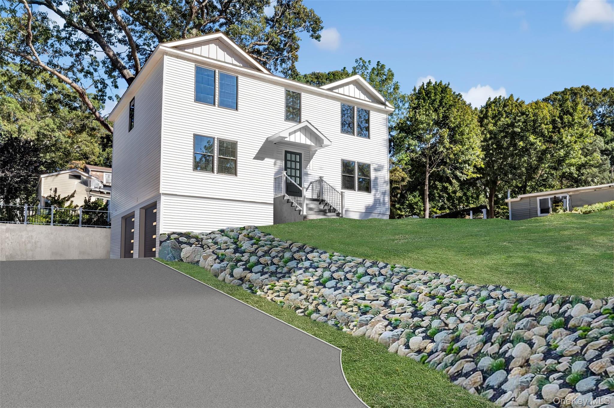 Digitally-Rendered View of front facade featuring board and batten siding, a garage, driveway, and view of scattered trees