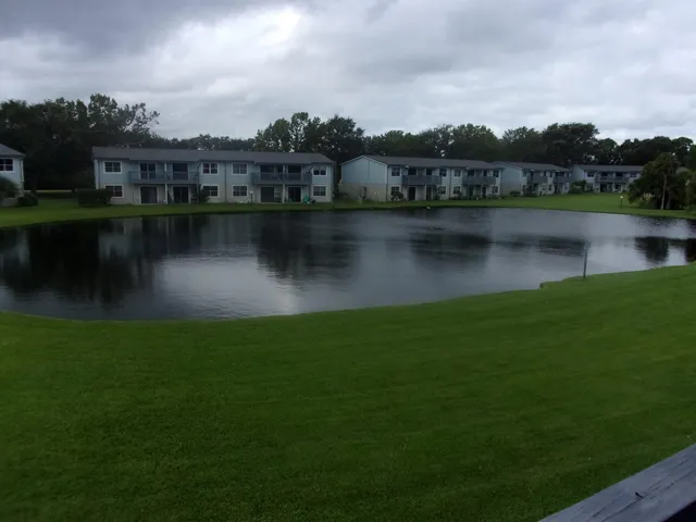 a view of a lake with a city view