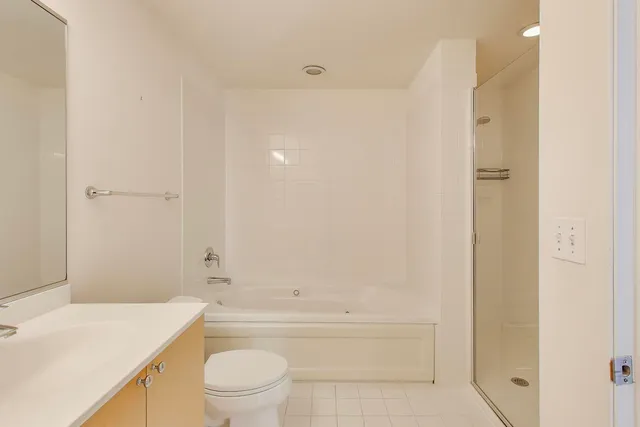 a bathroom with a bathtub shower sink vanity and toilet