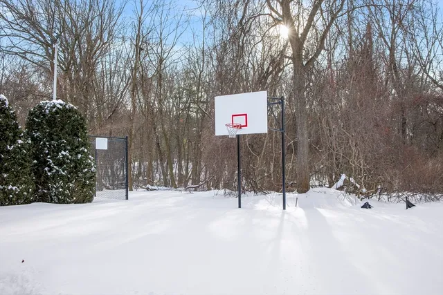 a view of a house with a snow in the background