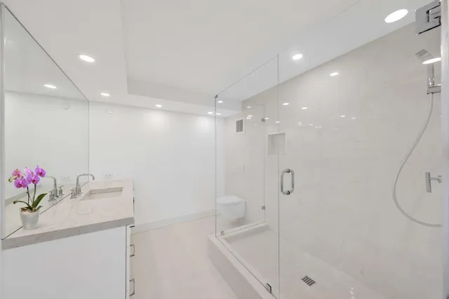 a bathroom with a shower sink vanity and mirror