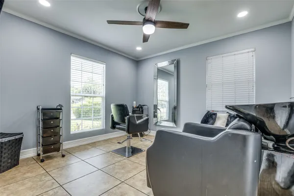 a workspace with furniture and a window