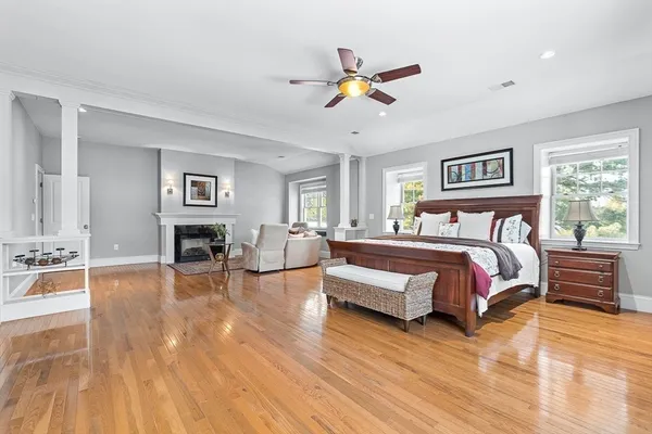 a bedroom with a bed and furniture