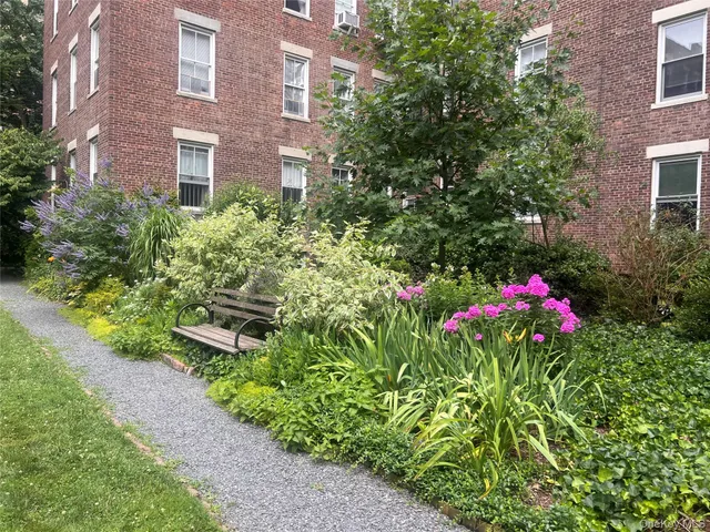 a small garden covered with tall buildings