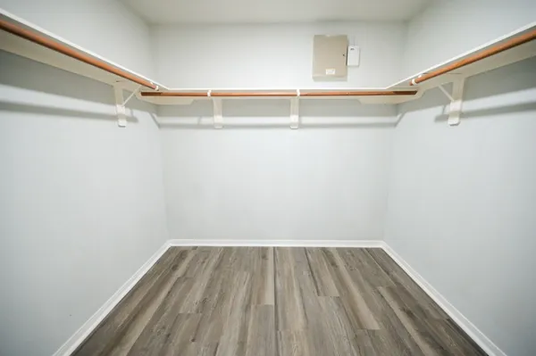 a view of a room with racks on the wall