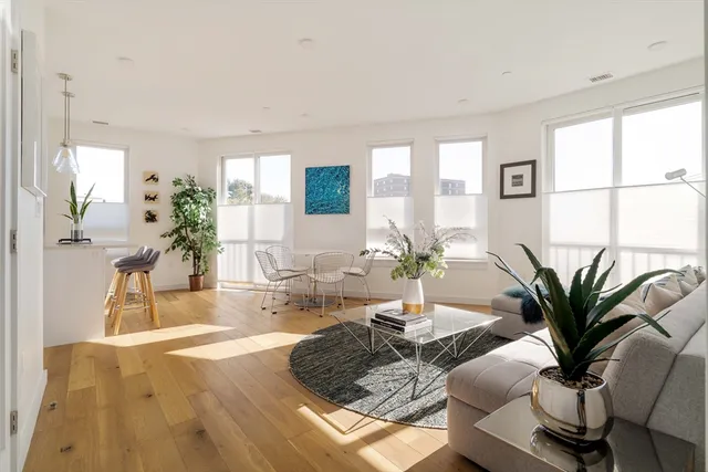 a living room with furniture potted plant and a large window