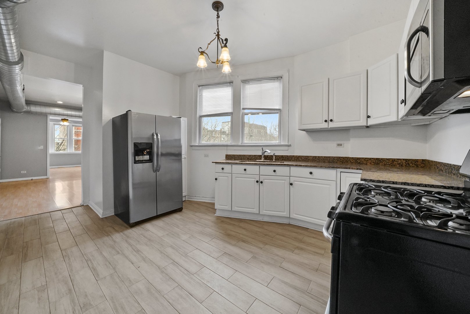 1154 West 17th Street Chicago, IL 60608 - Photo 16 of 35 a kitchen with stainless steel appliances granite countertop a stove a refrigerator and a granite counter tops with wooden floors