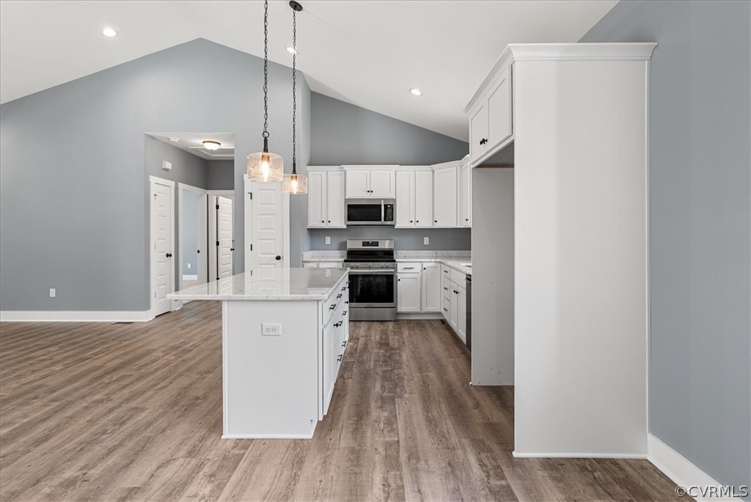 1593 Spreading Oak Road Arvonia, VA 23004 - Photo 19 of 40 a kitchen with stainless steel appliances a refrigerator and a stove top oven
