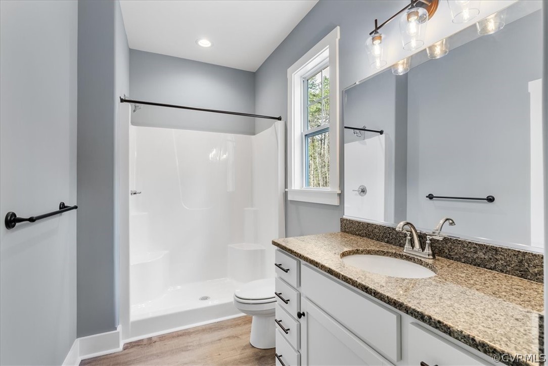 1593 Spreading Oak Road Arvonia, VA 23004 - Photo 28 of 40 a bathroom with a granite countertop sink toilet and shower