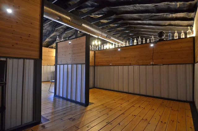 a view of a porch with wooden floor