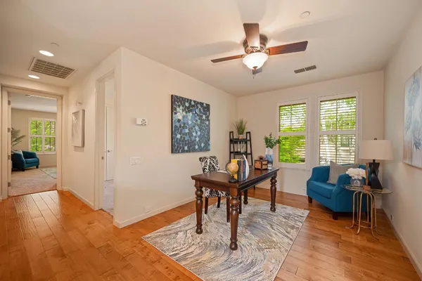 a workspace with wooden floor