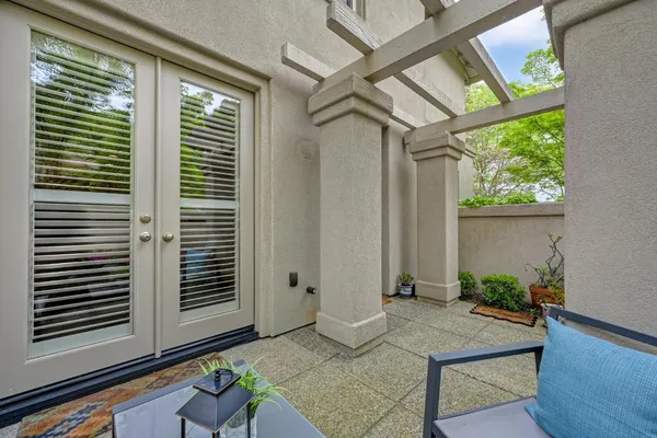a backyard of a house with seating space