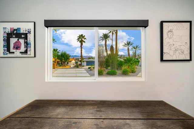 a view of a backyard with palm tree