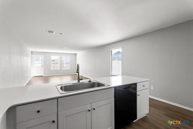 a kitchen with a sink cabinets and wooden floor