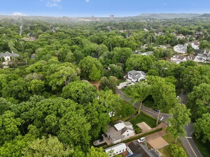 view of a city with lush green forest