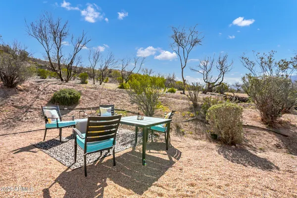 a view of a chairs and table in backyard