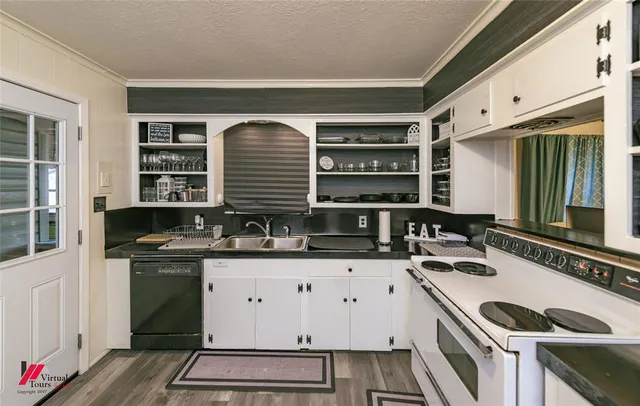 a kitchen with a sink a stove and cabinets