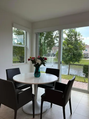a view of a dining room with furniture window and outside view