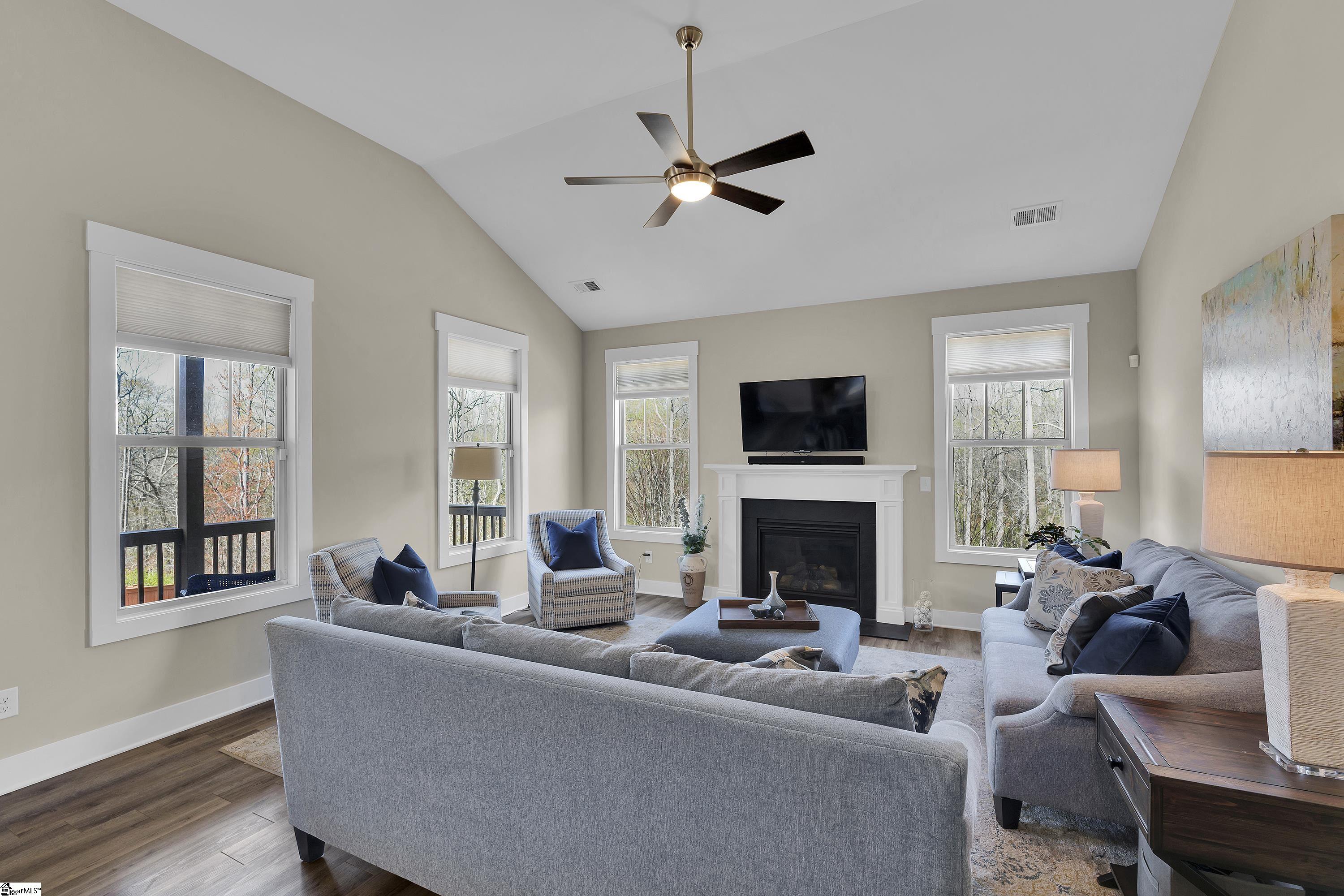 621 Longfellow Way Simpsonville, SC 29681 - Photo 5 of 41 Gas Log Fireplace and tons of windows overlooking wooded area