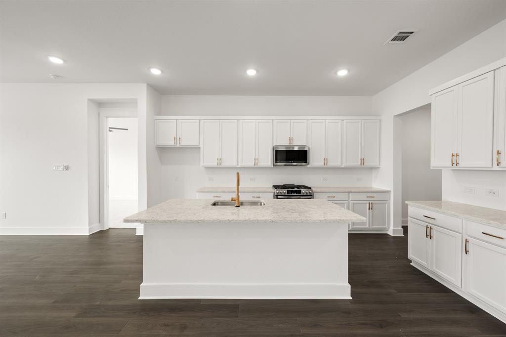 1725 Nesting Robin Lane Krum, TX 76249 - Photo 11 of 27 a kitchen with stainless steel appliances a white stove top oven sink and cabinets