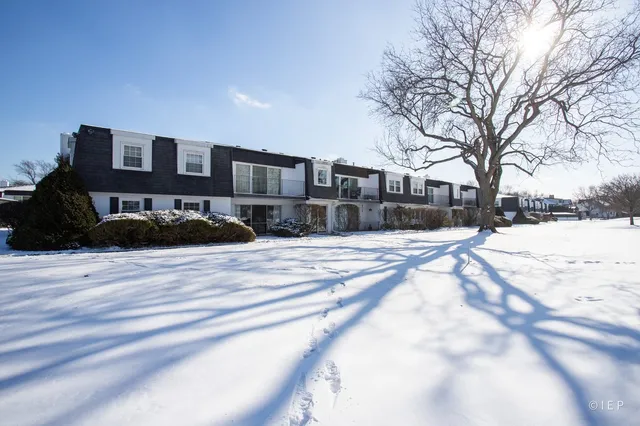 a view of a yard covered in snow