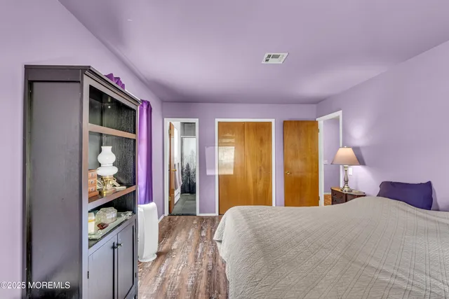 a bedroom with a bed and a walk in closet