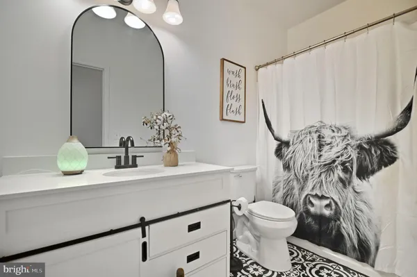 a bathroom with a sink a toilet and mirror