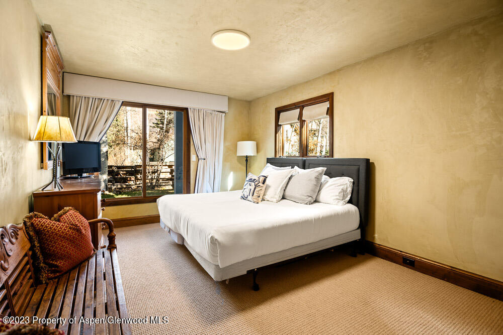 114 East Bleeker Street, Unit 102 Aspen, CO 81611 - Photo 13 of 21 a spacious bedroom with a bed and glass windows