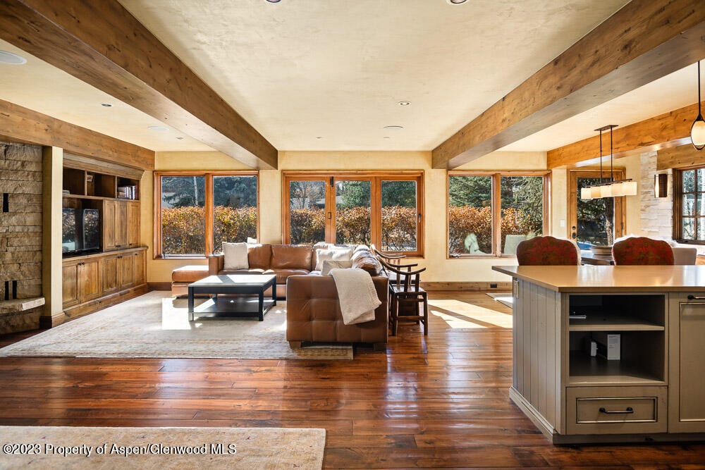 114 East Bleeker Street, Unit 102 Aspen, CO 81611 - Photo 9 of 21 a living room with fireplace furniture and a large window