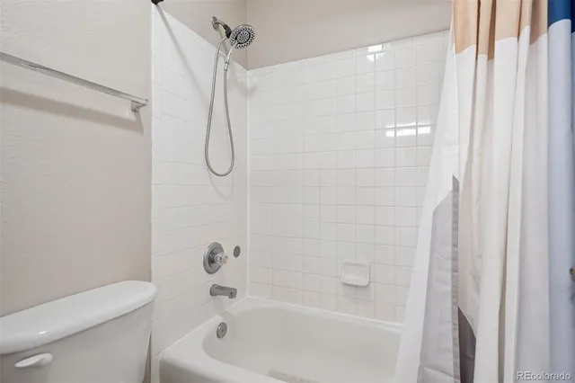 a bathroom with a shower and a toilet