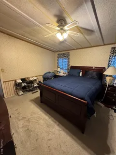 a bed room with a bed and a ceiling fan