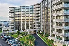 front view of a building with a street