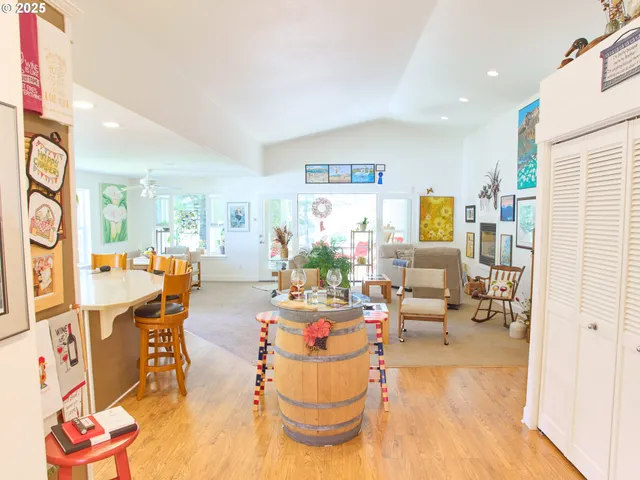 a living room with furniture and a table