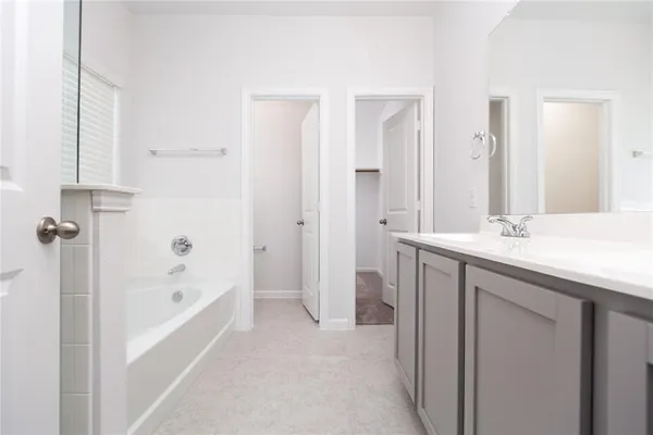 a bathroom with a tub sink and mirror