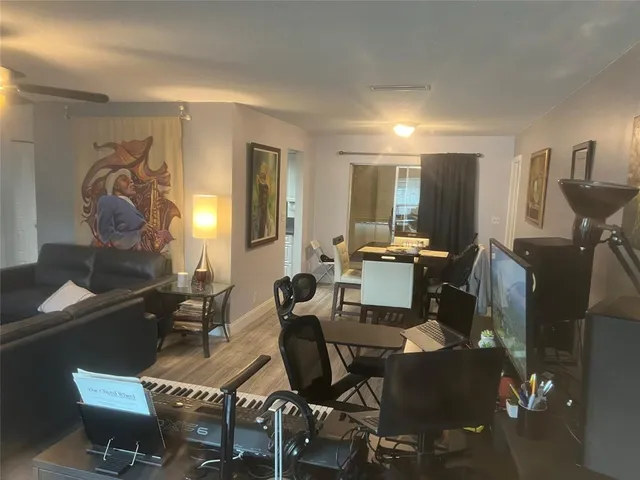 a view of a dining room with furniture