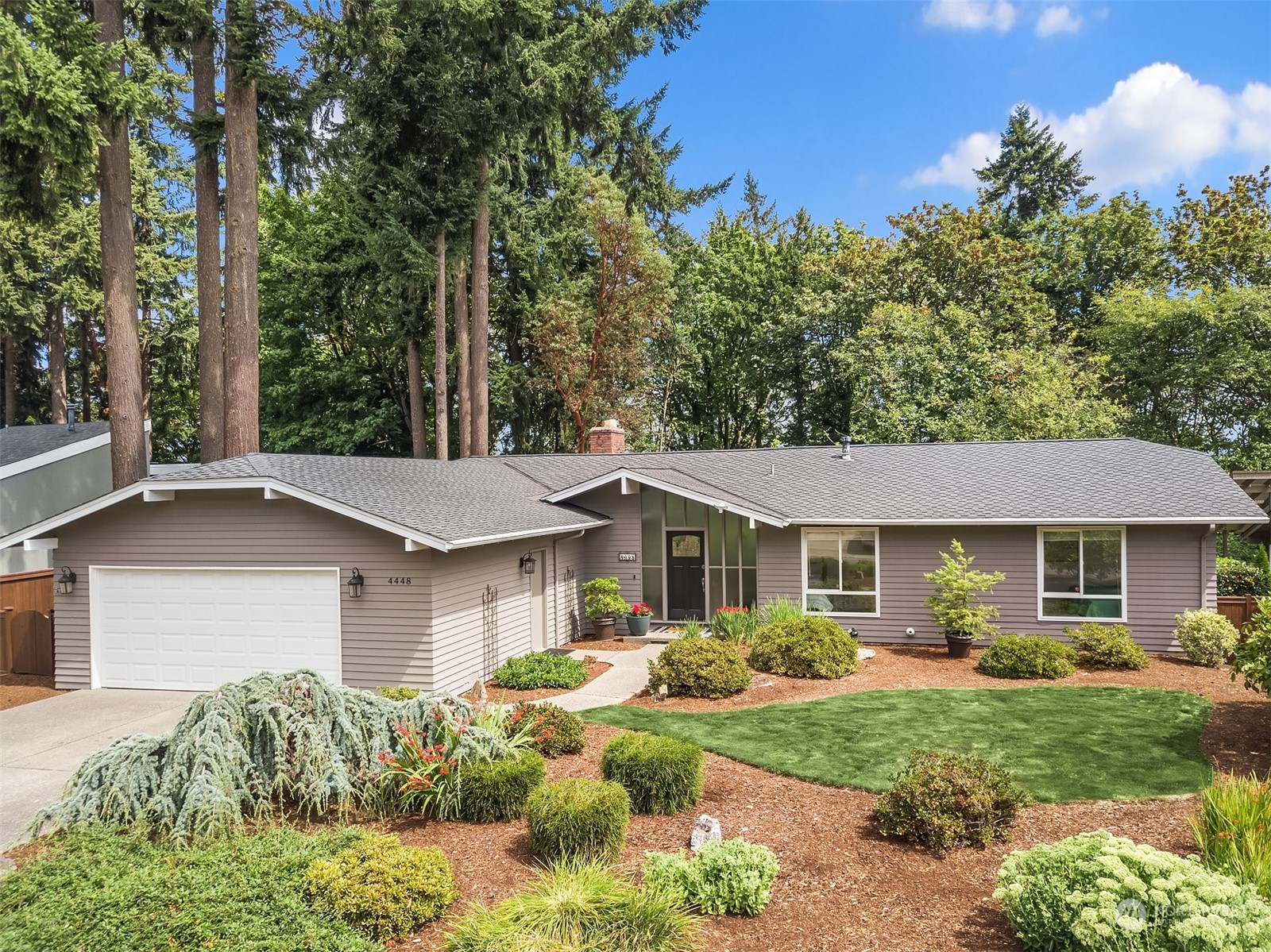 a aerial view of a house with a yard and large tree