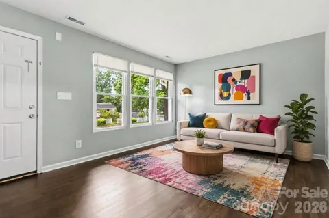 a living room with furniture and a potted plant
