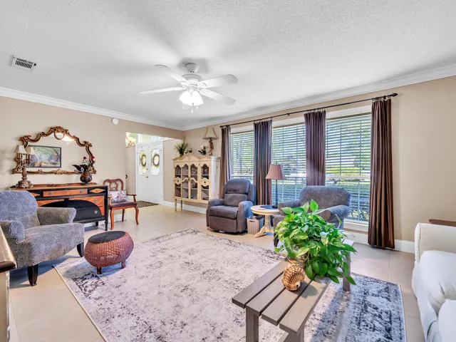 a living room with furniture potted plant and a large window