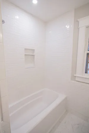 a bathroom with a bathtub
