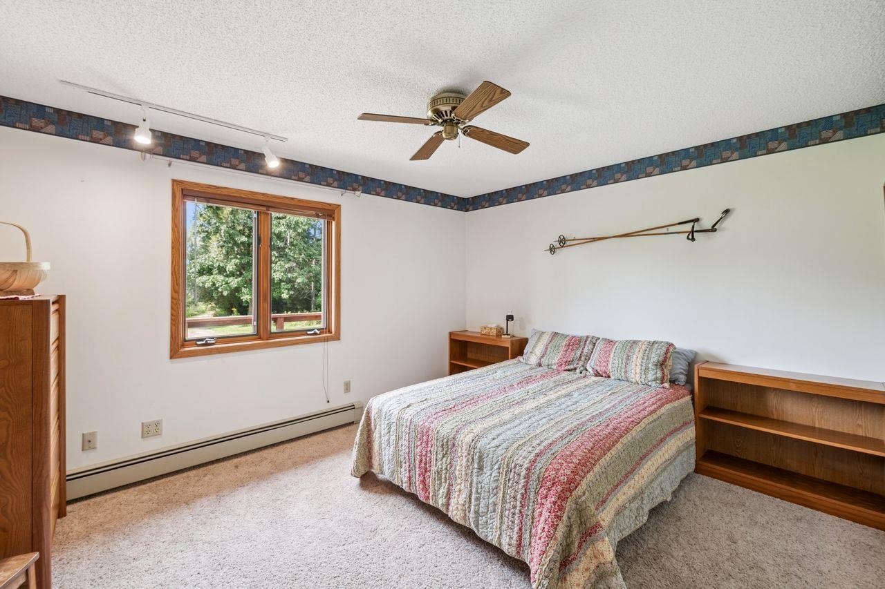 75920 Ondossagon Road Washburn, WI 54891 - Photo 14 of 29 Bedroom featuring a baseboard heating unit, carpet, ceiling fan, track lighting, and a textured ceiling