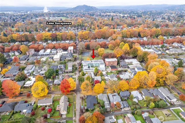 an aerial view of residential houses with city view
