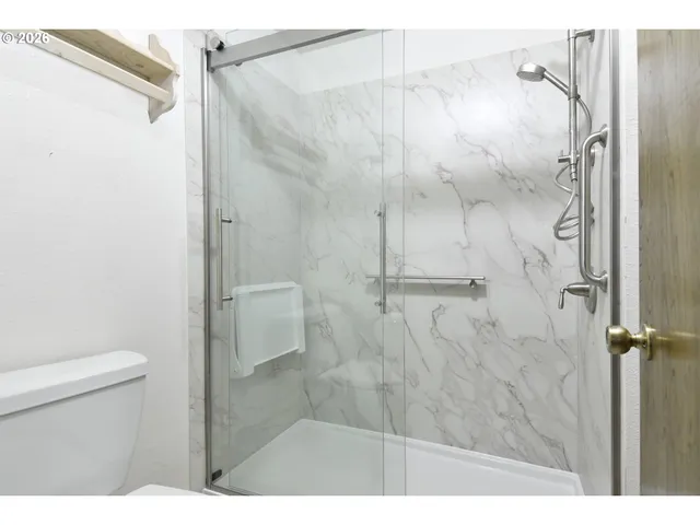 a bathroom with a shower and a toilet