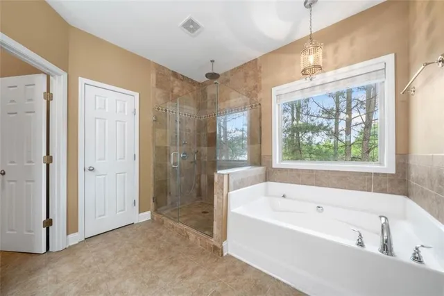 a bathroom with a bathtub and a shower