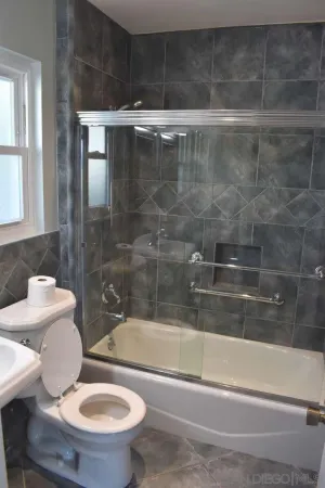 a bathroom with a toilet and a shower
