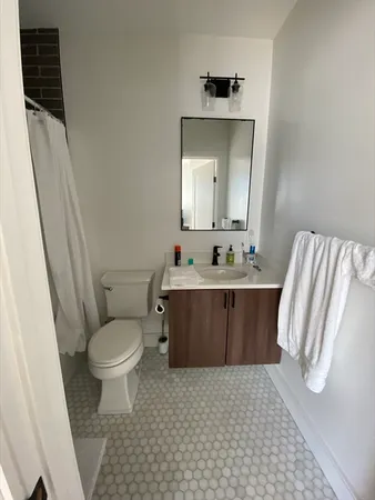 a bathroom with a sink a toilet and mirror