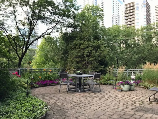 a view of a patio with table and chairs and potted plants