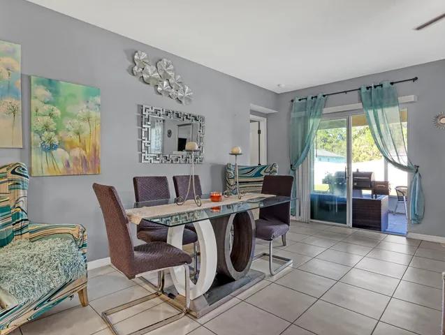 a view of a dining room with furniture window and outside view