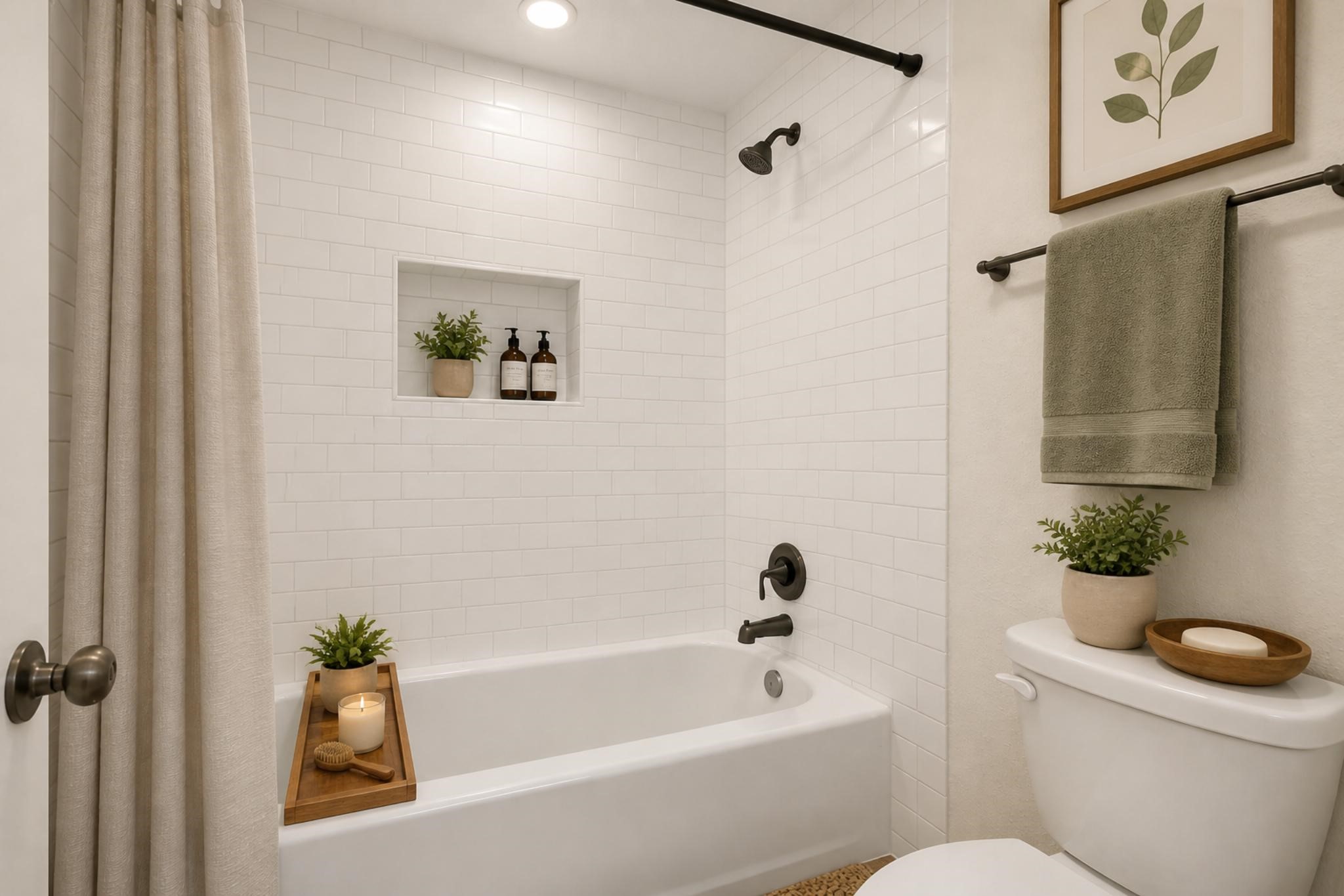 2211 South Kirkwood Road, Unit 68 Houston, TX 77077 - Photo 13 of 14 “Clean, updated bathroom featuring a tub/shower combo with classic subway tile surround, modern fixtures, and a bright, refreshed feel.”