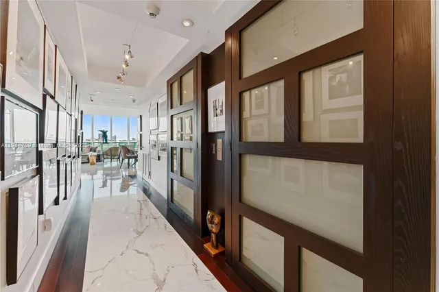 a view of a kitchen with lots of counter top space
