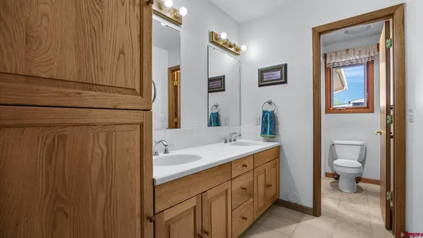 a bathroom with a toilet a sink a vanity and mirror